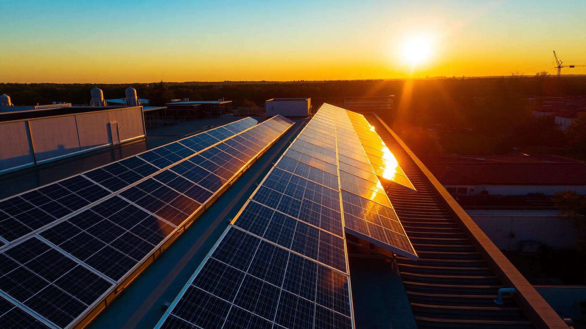 Paneles solares instalados en un techo al atardecer